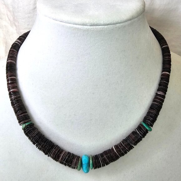 Native American Natural Turquoise Graduated Heishi Shell Bead Necklace, 19” - Picture 1 of 11